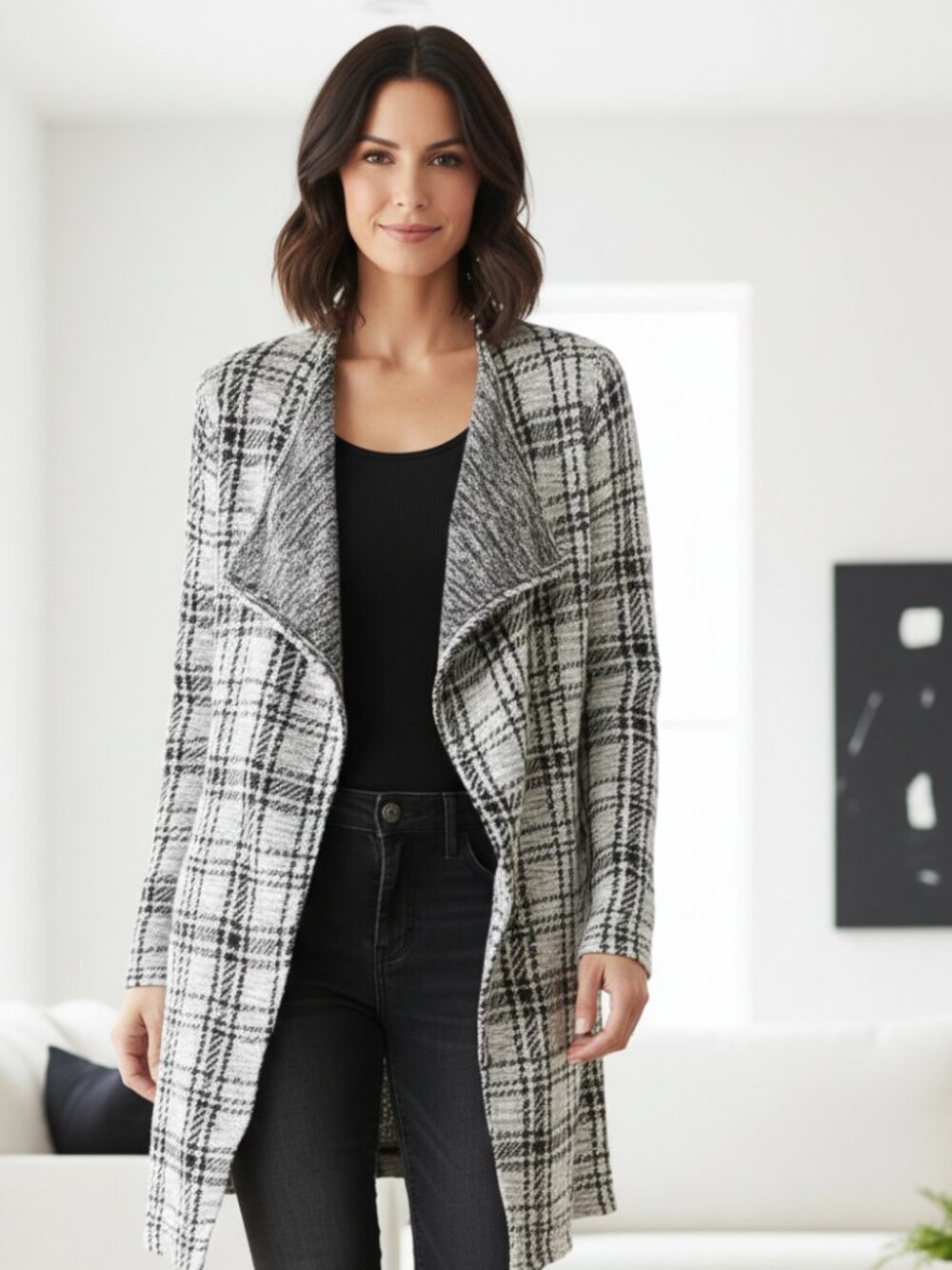 Signature Studio L Cardigan Jacket Duster White Black Plaid Knit Minimalist Chic